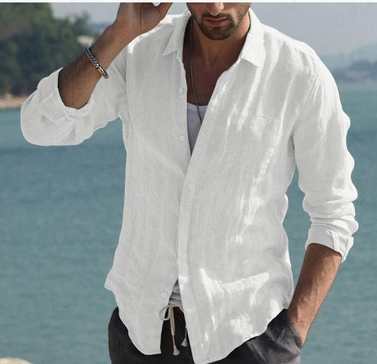 Men Shirt Cotton Blend Pocket Solid Long Sleeve Tops