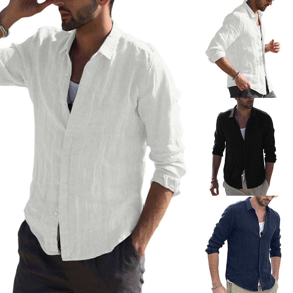 Men Shirt Cotton Blend Pocket Solid Long Sleeve Tops