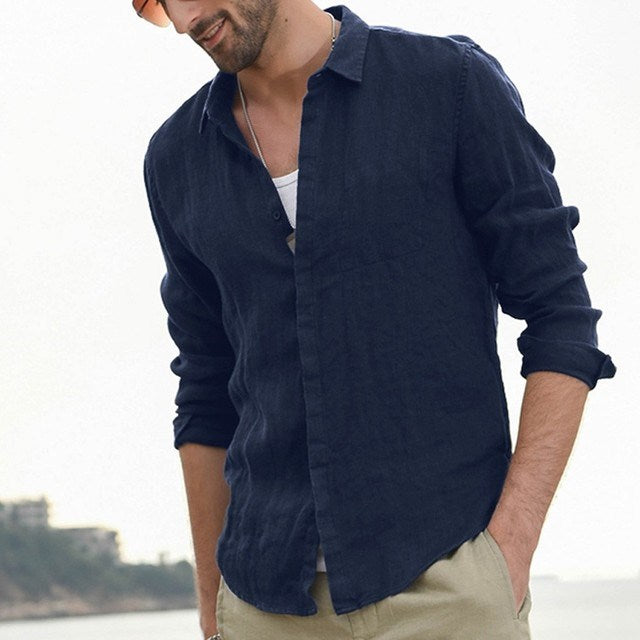 Men Shirt Cotton Blend Pocket Solid Long Sleeve Tops