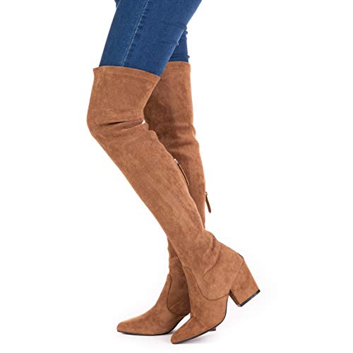 Mtzyoa Thigh High Block Heel Boot Women Pointed Toe Stretch Over The Knee Boots