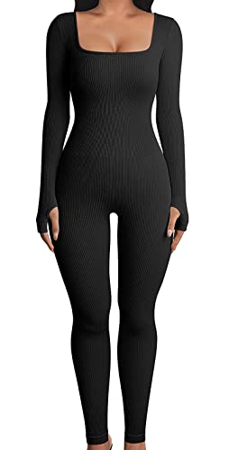 Women Ribbed Knit Yoga Jumpsuits Long Sleeve Square Neck Bodycon Slim Fit Bodysuit