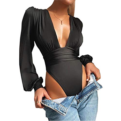 Weigou Women Jumpsuits Long Sleeve V Neck Pleated Loose Bodysuits Tops For Women Leotard Shirts