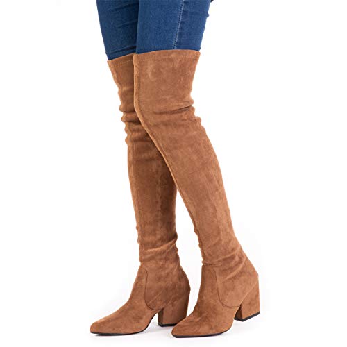 Mtzyoa Thigh High Block Heel Boot Women Pointed Toe Stretch Over The Knee Boots